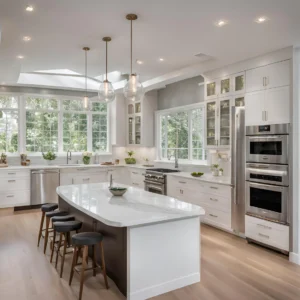 a kitchen with a center island and stainless steel appliances.