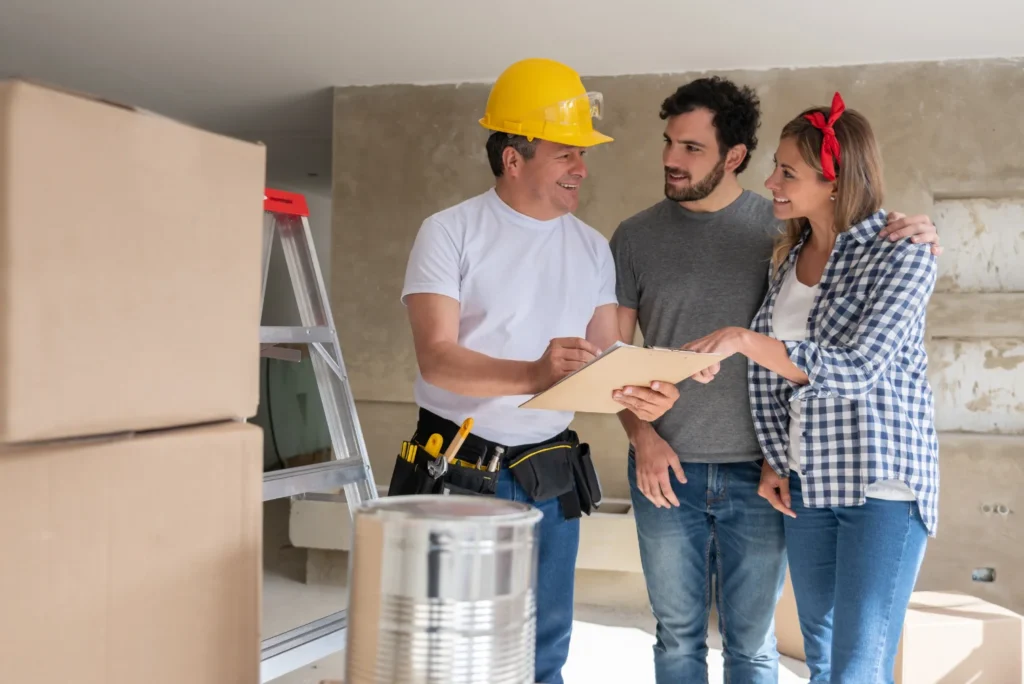 Contractor in a yellow hard hat showing a clipboard to a couple in a partially renovated home.