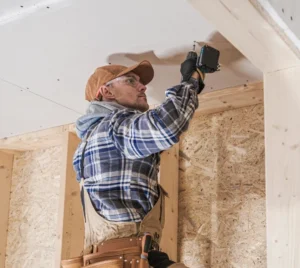 Contractor using a drill to install drywall in a home under construction.