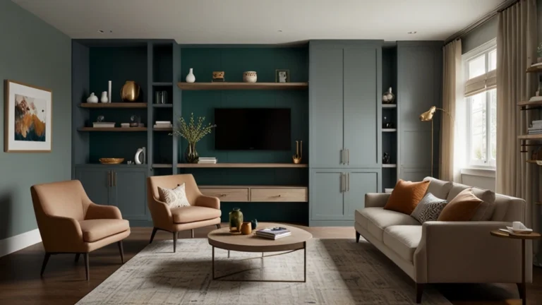 A living room with green walls and brown furniture.