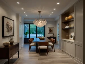 Modern dining room with a glass chandelier, wooden table, built-in shelves, and elegant decor.