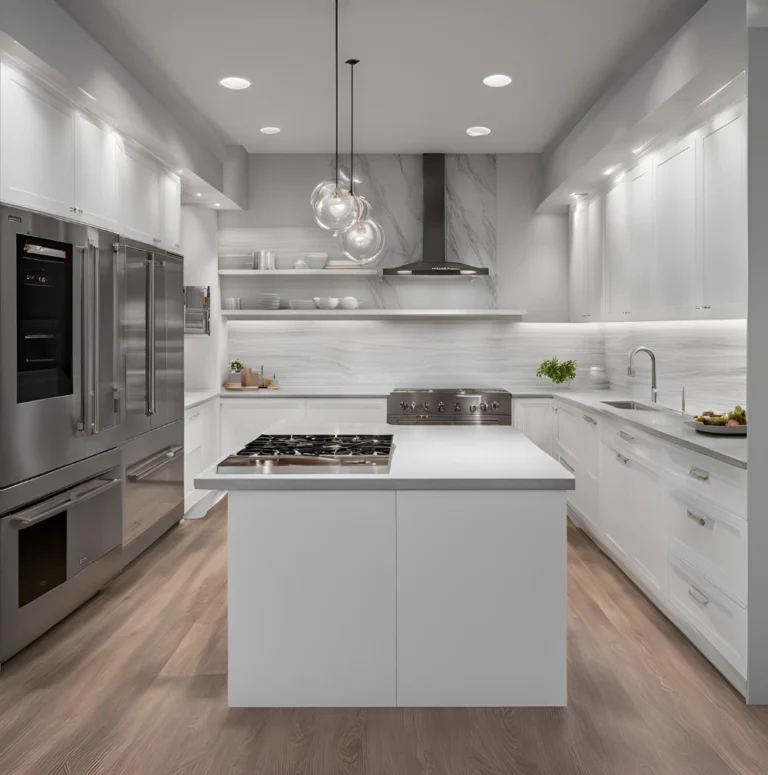 Modern white kitchen with a central island, stainless steel appliances, and elegant pendant lighting.